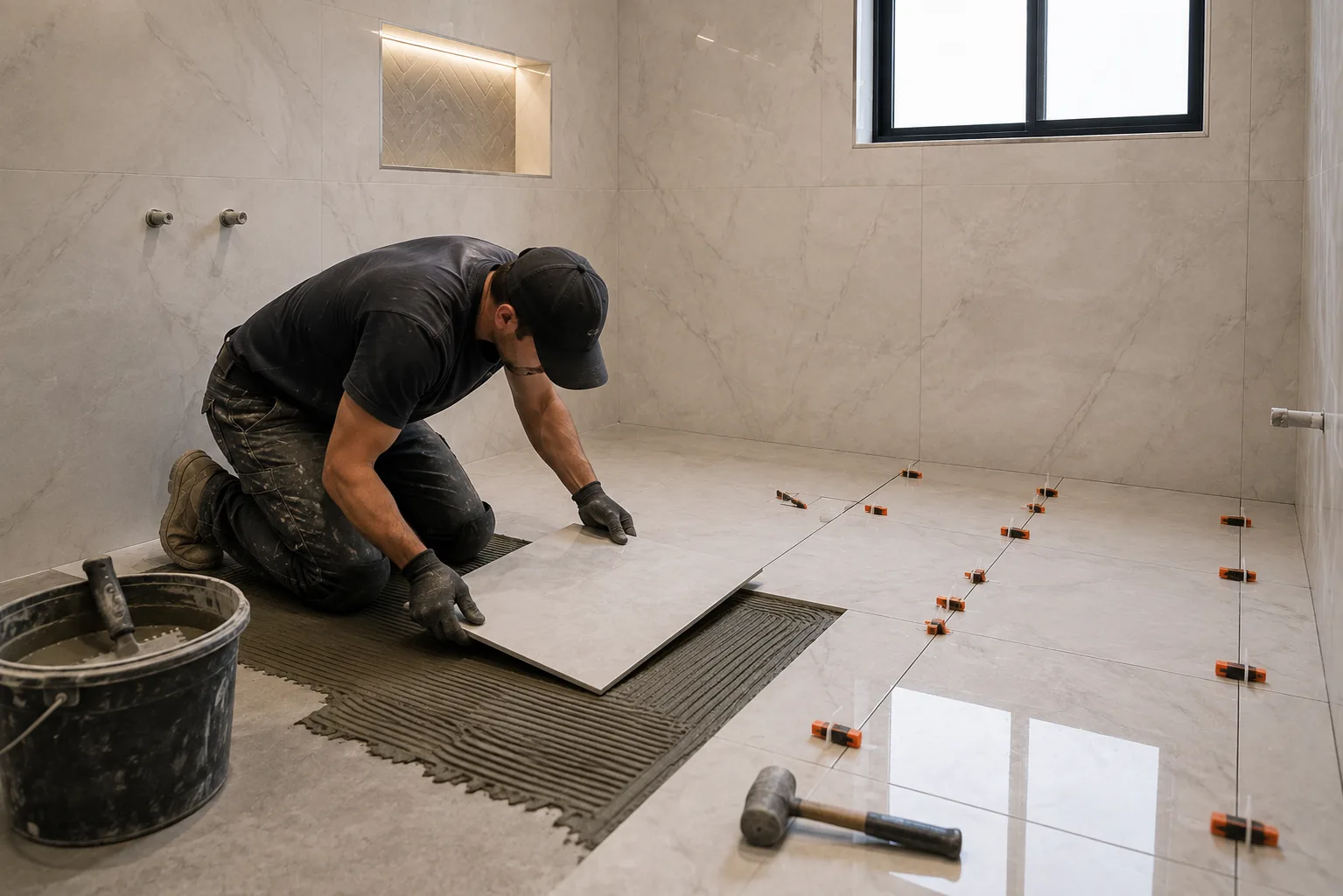 Tiler laying large-format floor tiles onto notched adhesive