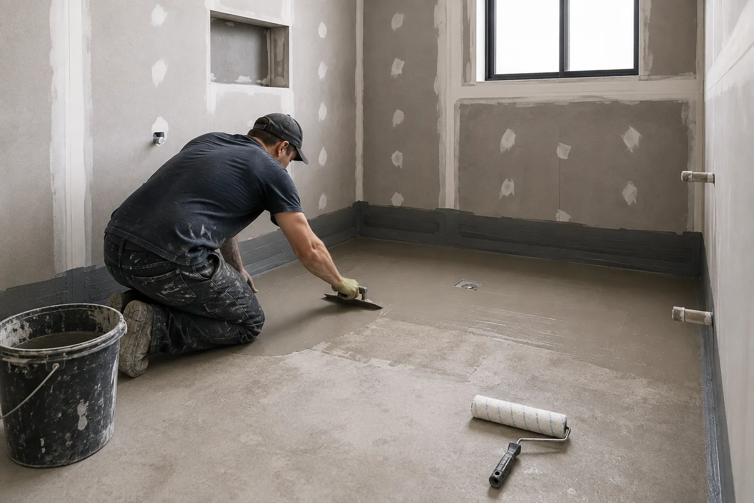 Tiler screeding a waterproofed bathroom floor