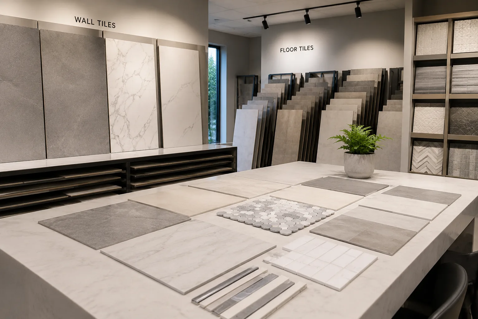 Tile samples laid out on a showroom bench